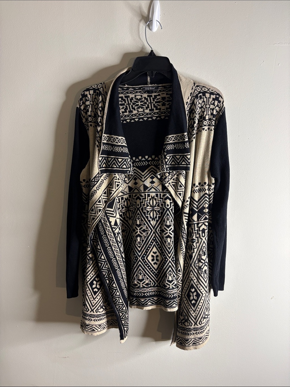 Lucky Brand Black & Cream Geometric Open-Front Cardigan